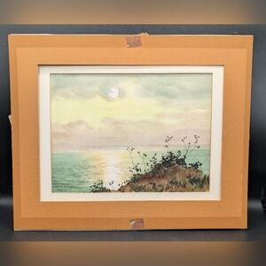 Mariano Ortuzar Original Signed Watercolor Sunset Over Water, Matted, Unframed